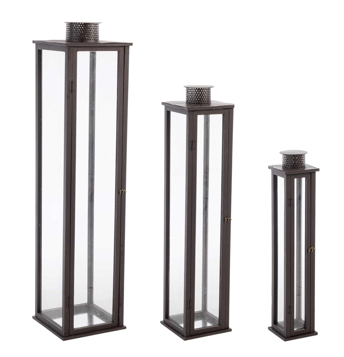 Bizzotto Set 3 Lanterne Torsti Marrone Legno, Vetro e Metallo