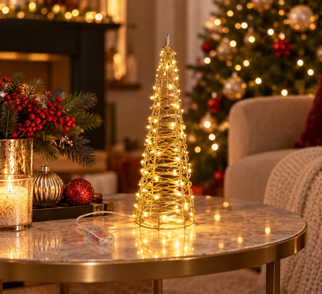 Bizzotto Cono di Natale Kinsey 30 MicroLed a Batteria IP20 H 60 Cm D 16 Cm Clásico Oro