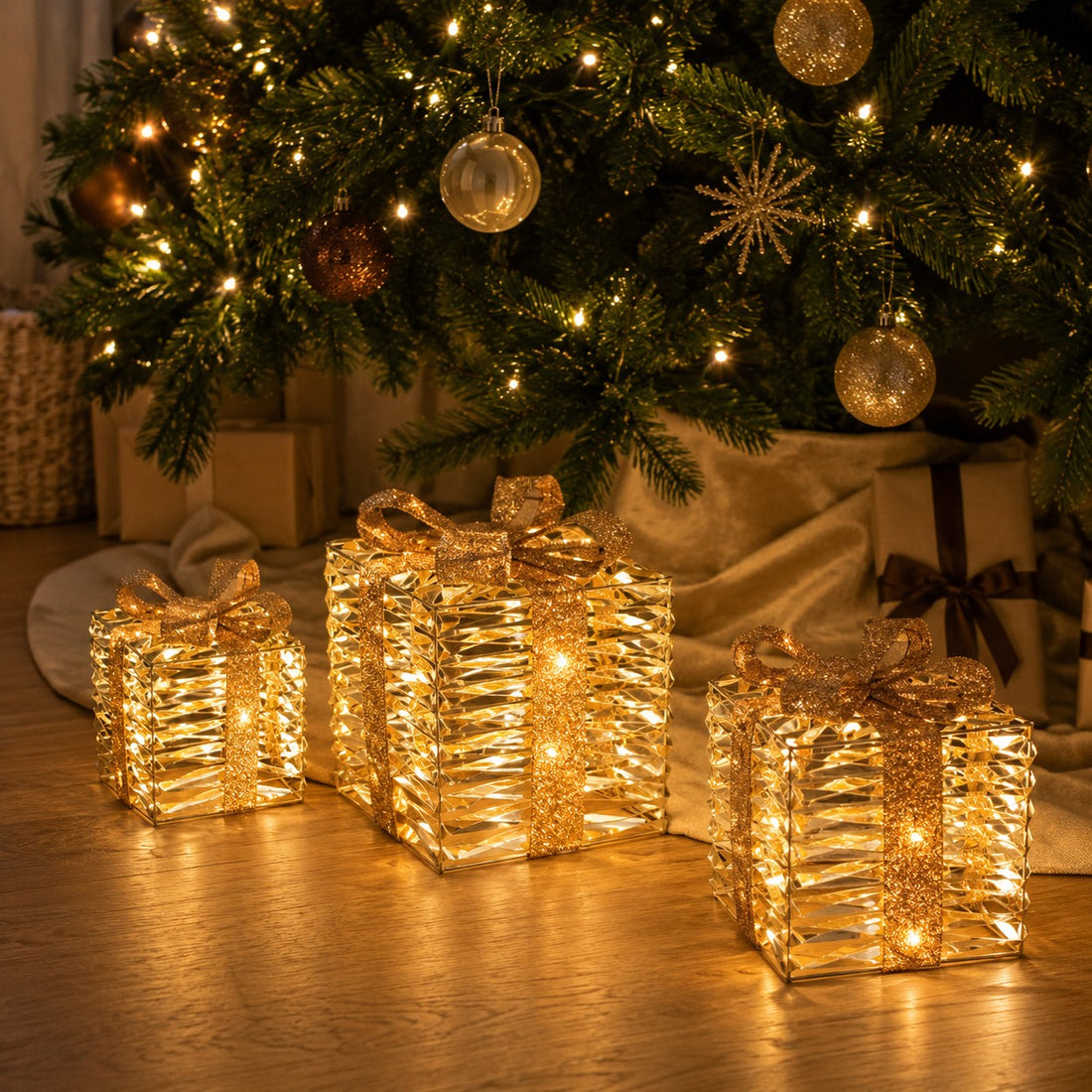 Bizzotto Set 3 Paquetes de Regalo Navideño Kinsey a Batería IP20 MicroLED Luz Cálida 15x17, 20x23 y 25x30 cm – Decoraciones Luminosas