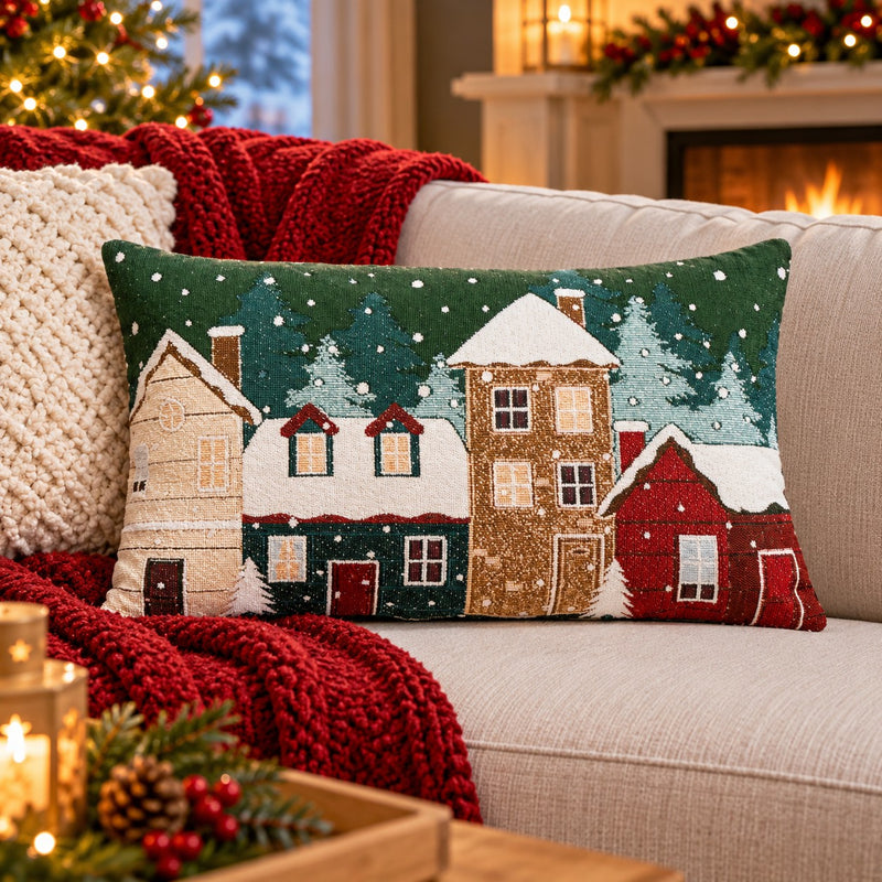 Bizzotto Cojín Navideño Snowlyn Paisaje Verde 30x50 cm – Cojín Decorativo de Navidad con Funda e Relleno en Poliéster