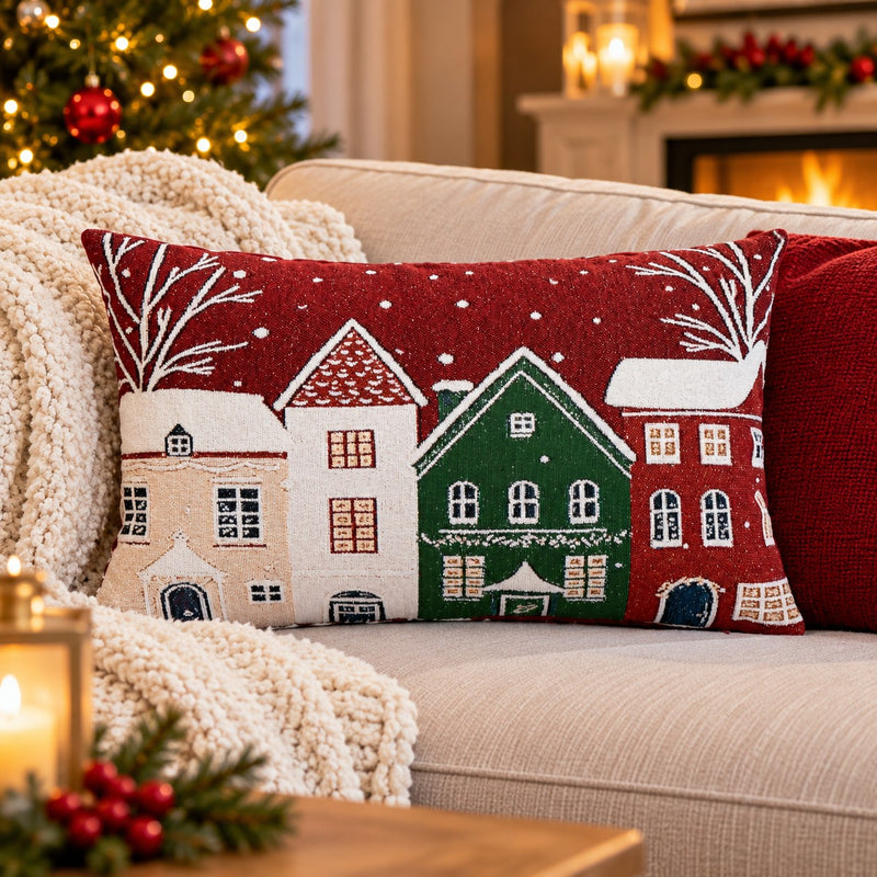 Bizzotto Cojín Navideño Snowlyn Paisaje Rojo 30x50 cm – Cojín Decorativo de Navidad con Funda e Relleno en Poliéster