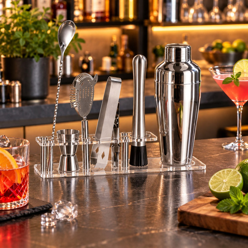 Ad Trend Set Cocktail 7 Pezzi con Accessori e Supporto in Acrilico – Kit Barman per Preparazione Cocktail e Drink a Casa