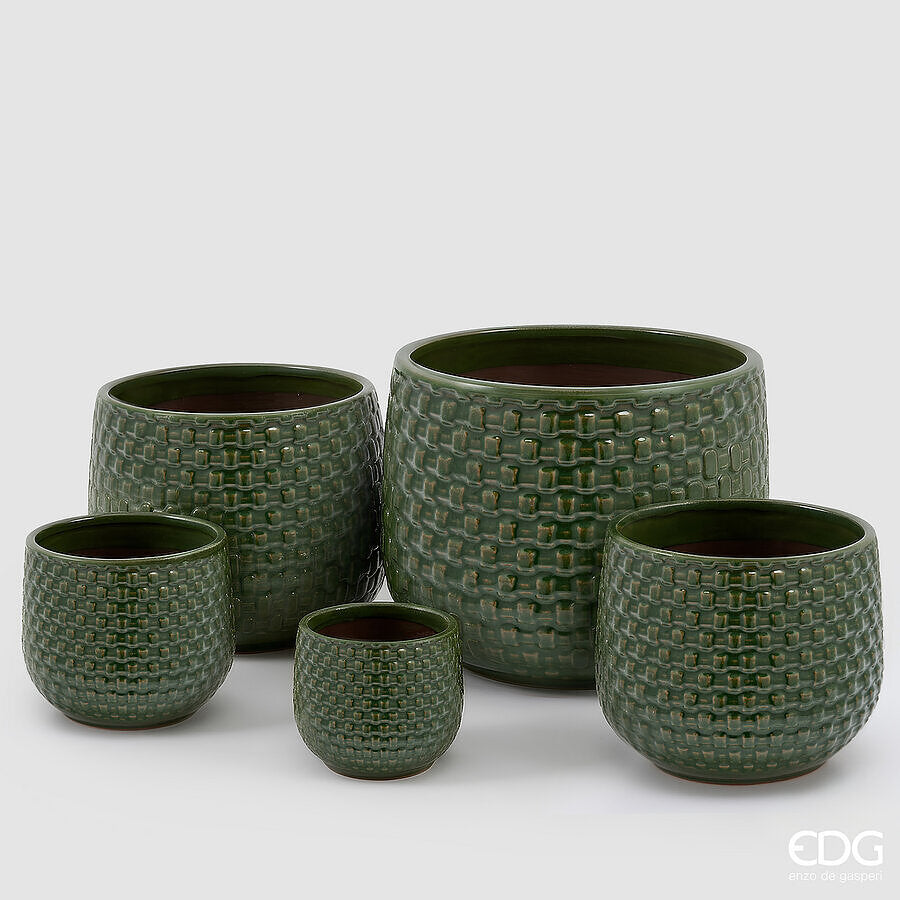 EDG Enzo De Gasperi Jarrón Cachepot Abombado a Cuadrículas Cerámica Verde – Set 5 Uds