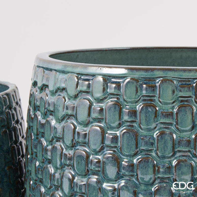 EDG Enzo De Gasperi Jarrón Cachepot Abombado a Cuadrículas Cerámica Teal – Set 5 Uds