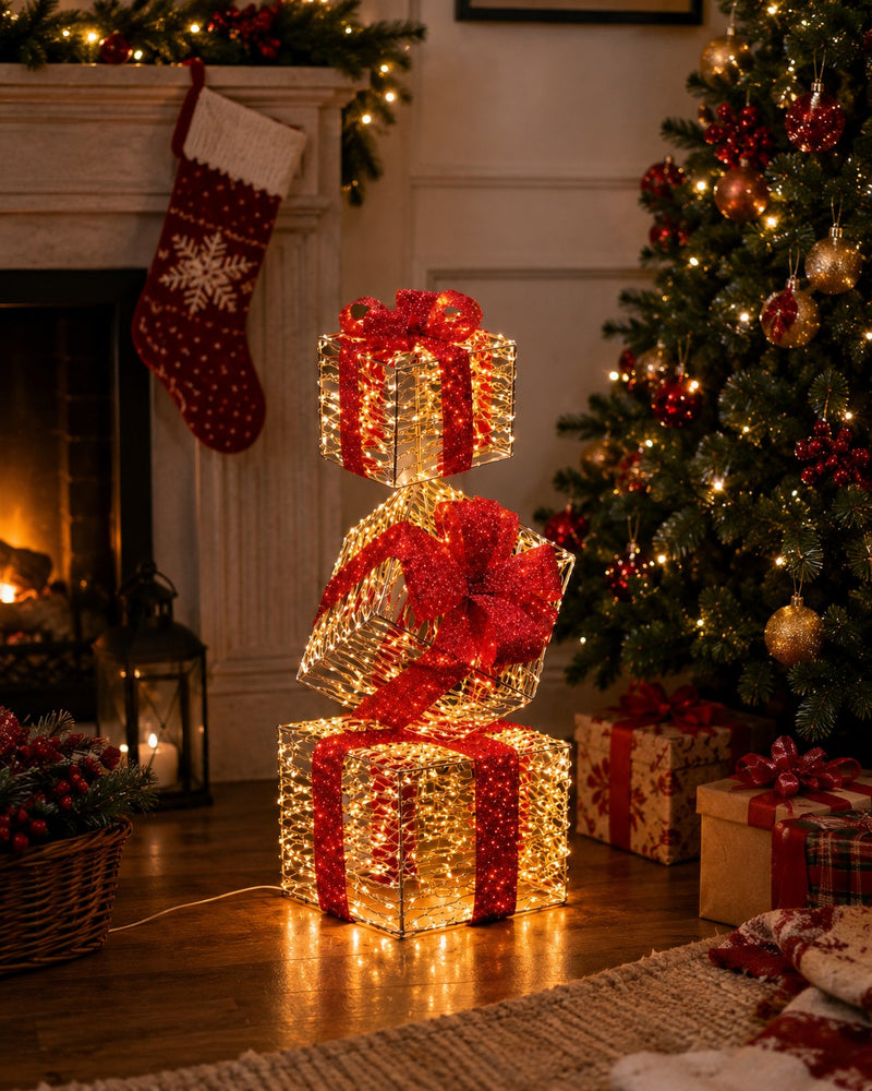 Ad Trend Torre Pacchi Regalo di Natale Oro 500 LED da Interno/Esterno 30x30x96 cm 1 Pz