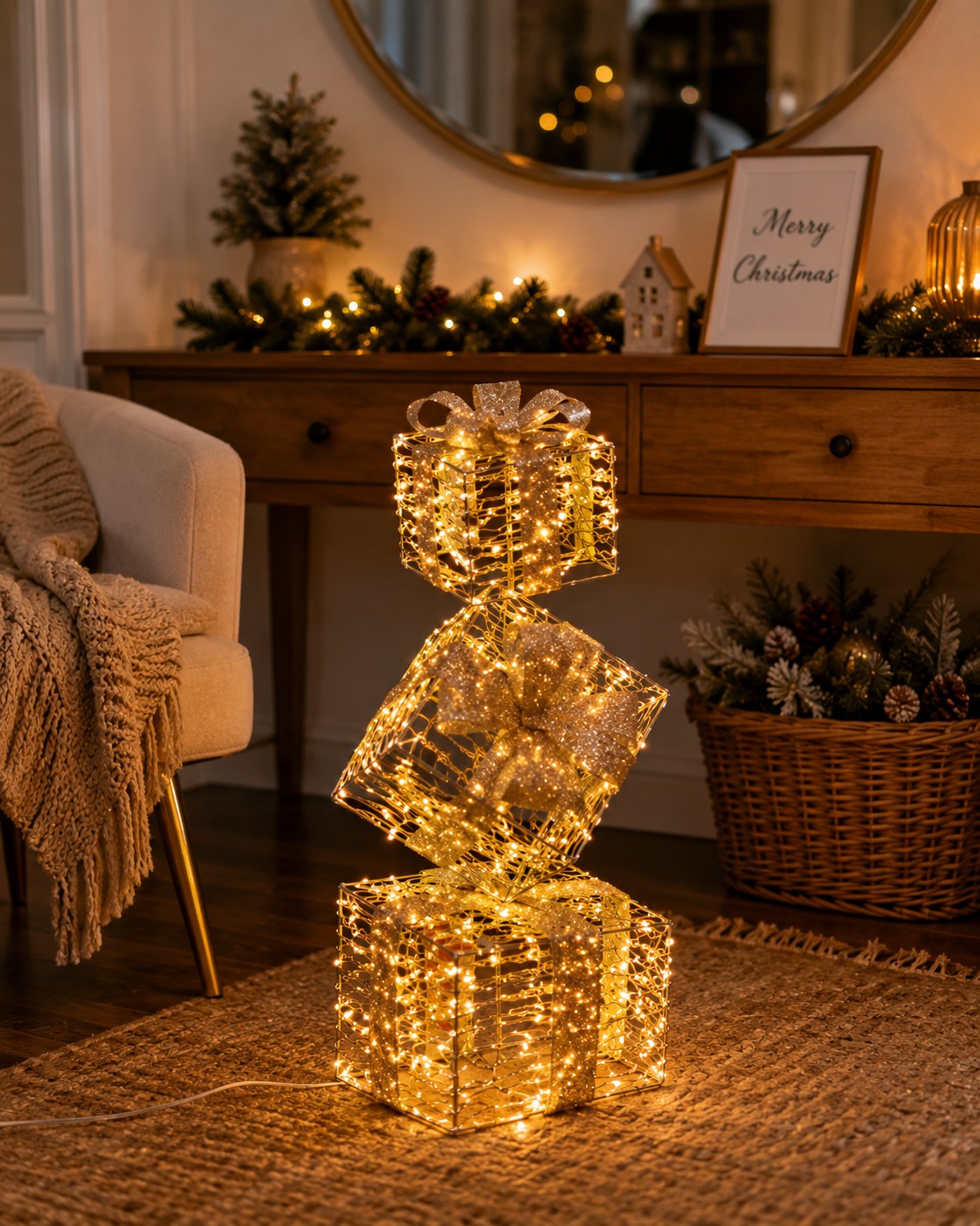 Ad Trend Torre Pacchi Regalo di Natale Oro 500 LED da Interno/Esterno 30x30x96 cm 1 Pz