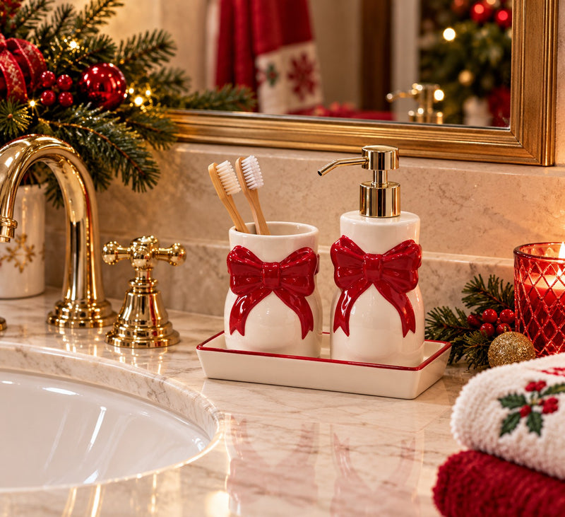 Ad Trend Set Baño Navideño 2 Piezas en Cerámica con Bandeja Surtida 19x10 cm 1 Set – Accesorios de Baño Navideño