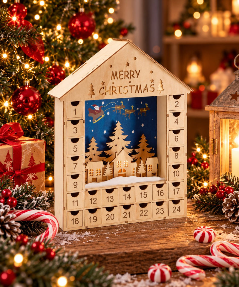 Ad Trend Calendario dell'Avvento Natalizio a Forma di Casa con 6 LED 31x8xH40 cm – Decorazione Luminosa per la Casa di Natale