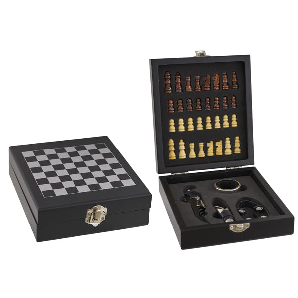 L'Arcolaio Wooden Set Vino 4 Pezzi con Scacchiera – Cofanetto Quadrato in Legno con Accessori Vino e Gioco Scacchi