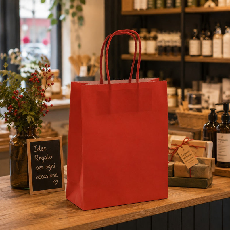 Bolsa de Compra L'Arcolaio Kraft Roja Regalos Navideños 18x7x24 cm Caja 10 pz