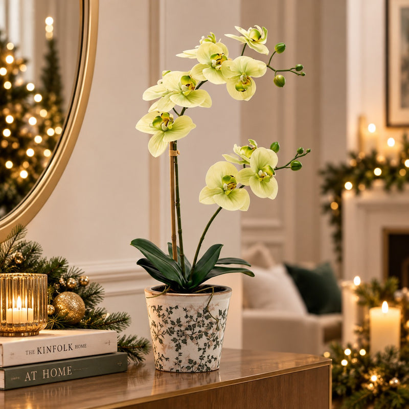 EDG Enzo De Gasperi Orquídea Phalaenopsis x2 con Botón y Jarrón Planta Artificial H 60 Cm Amarillo Verde
