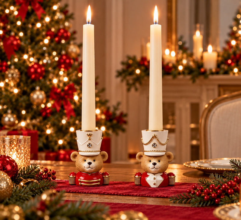 Precioso Set de 2 Portavelas Navideño en Forma de Oso 9 x 6 x 11 Cm Poliresina