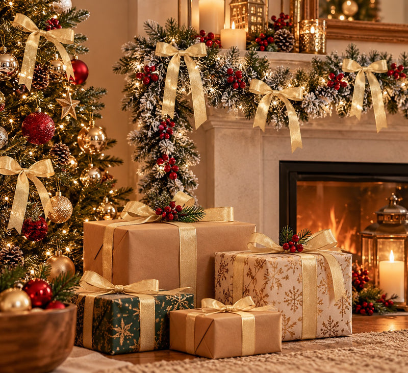 Piovaccari Cinta Navideña Frederik Crema Laminada 15 mm x 25 m – Cinta Decorativa para Árbol de Navidad, Lazos y Embalajes de Regalo