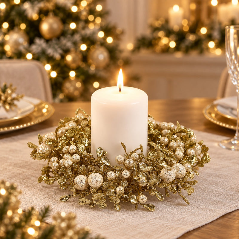 EDG Enzo De Gasperi Corona Navideña con Bayas y Hojas Ø18 cm Champagne – Decoración Navideña