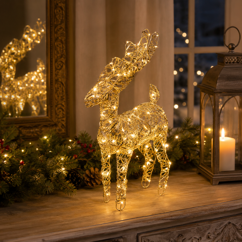 EDG Enzo De Gasperi Decoración Reno Navideño Led Trenzado 40 MicroLed H 37 Cm L 25 Cm L 12 Cm IP20 Gold