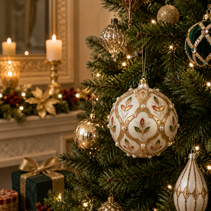 Bola de Navidad EDG Enzo De Gasperi Flores Vidrio Ø 10 cm Blanco Oro 1 Pieza