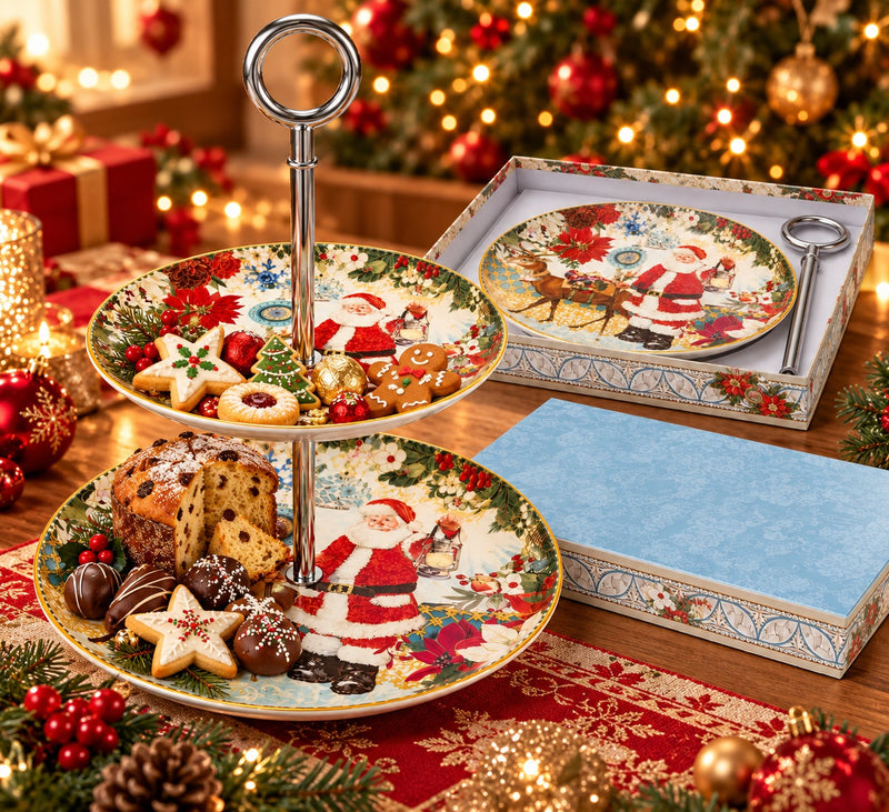 Bandeja con pie 2 Pisos Porcelana Papá Noel 27 cm