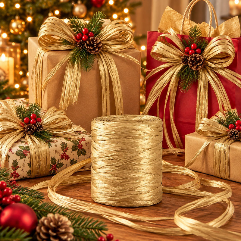 Piovaccari Paper Raphia Gold 5-8 mm x 10 m – Rafia de Papel Oro para Decoraciones, Lazos, Embalajes de Regalo y Manualidades