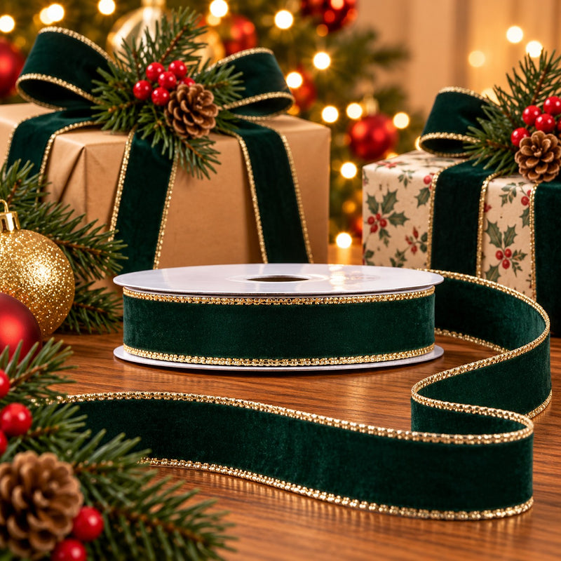 Piovaccari Cinta Velvet Dream Verde 9 mm x 20 m – Cinta de Terciopelo Decorativa para Moños, Envases de Regalo, Adornos Navideños y Bricolaje