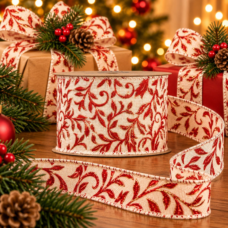 Piovaccari Cinta Navideña Red Arabesque Roja 63 mm x 10 m – Cinta Decorativa con Motivo Arabesco para Árbol de Navidad, Lazos y Envases de Regalo