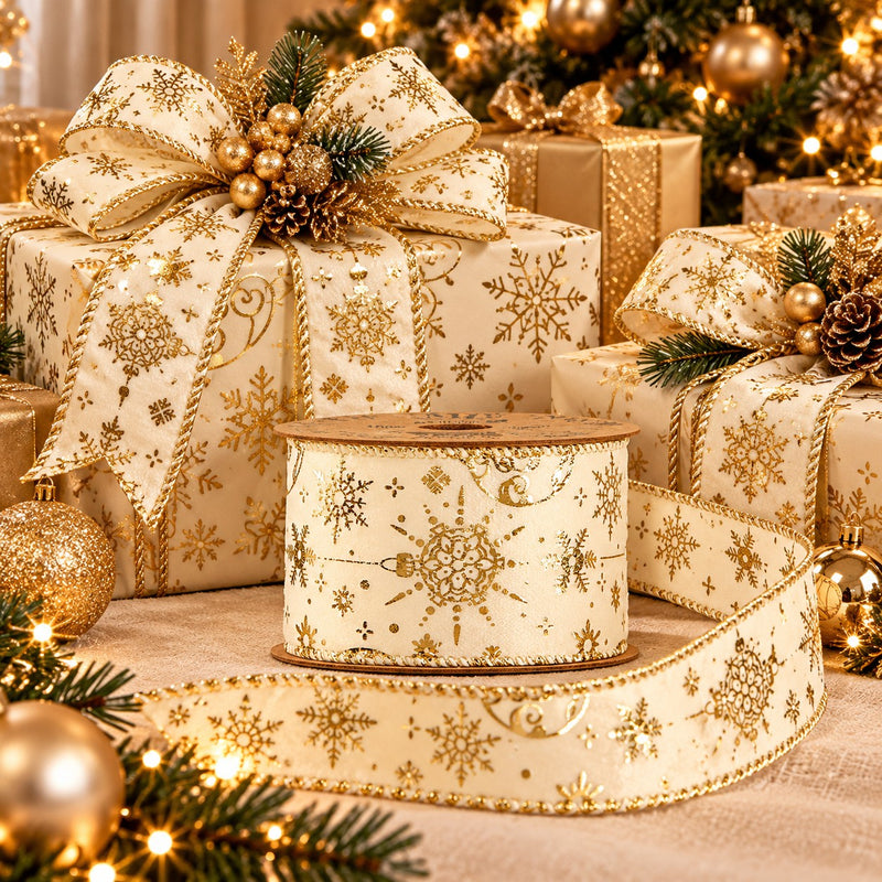 Piovaccari Cinta Navideña Gold Baubles 63 mm x 10 m – Cinta Decorativa con Bolas de Navidad Doradas para Árbol, Lazos y Envoltorios de Regalo
