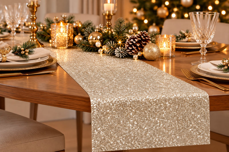 Piovaccari Camino de Mesa Desirée Champagne 28 cm x 2,5 m – Camino Decorativo Navideño para Mesa, Centro de Mesa y Adornos de Navidad