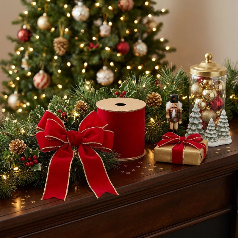 Piovaccari Cinta Double Sides Velvet & Glitter Rojo 100 mm x 10 m – Cinta Navideña de Terciopelo y Glitter para Árbol de Navidad, Lazos y Envoltorios de Regalo