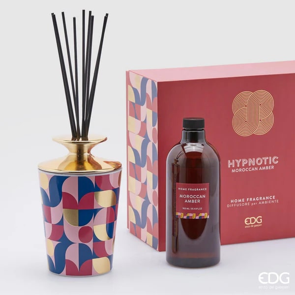 EDG Enzo De Gasperi Enzo de Gasperi Perfumador de Ambientes para Casa con Varillas, Botella en Cerámica Brillante Hypnotic Midnight Garden 900ml 4 Variantes Moroccan Amber