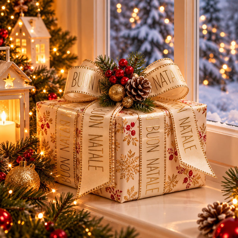 Piovaccari Cinta Buon Natale Cream 40 mm x 15 m – Cinta Decorativa Navideña de Color Crema con Texto Buon Natale para Árbol, Lazos, Paquetes de Regalo y Adornos Navideños