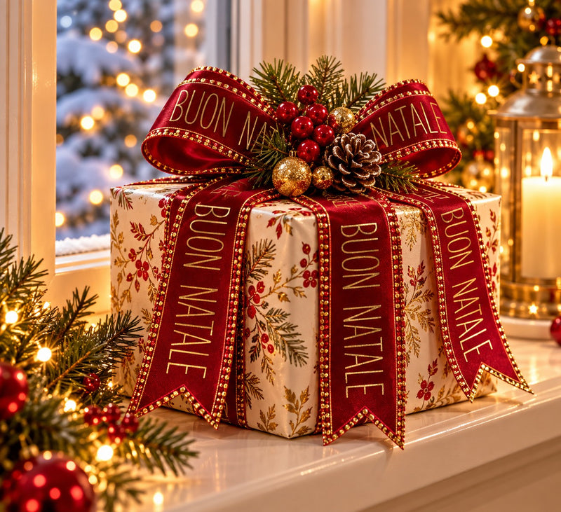 Piovaccari Cinta Buon Natale Red Dahlia Rojo 40 mm x 15 m – Cinta Decorativa Navideña con Mensaje Buon Natale para Árbol, Lazos, Paquetes de Regalo y Adornos Navideños