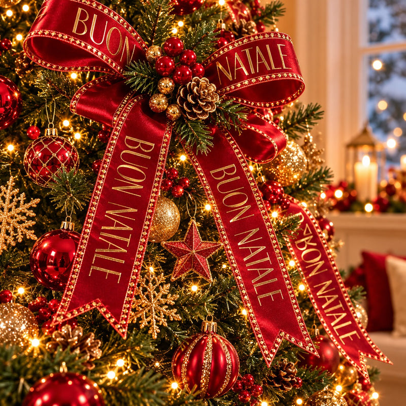 Piovaccari Cinta Buon Natale Red Dahlia Rojo 25 mm x 15 m – Cinta Decorativa Navideña con Mensaje Buon Natale para Árbol, Lazos, Paquetes de Regalo y Adornos Navideños