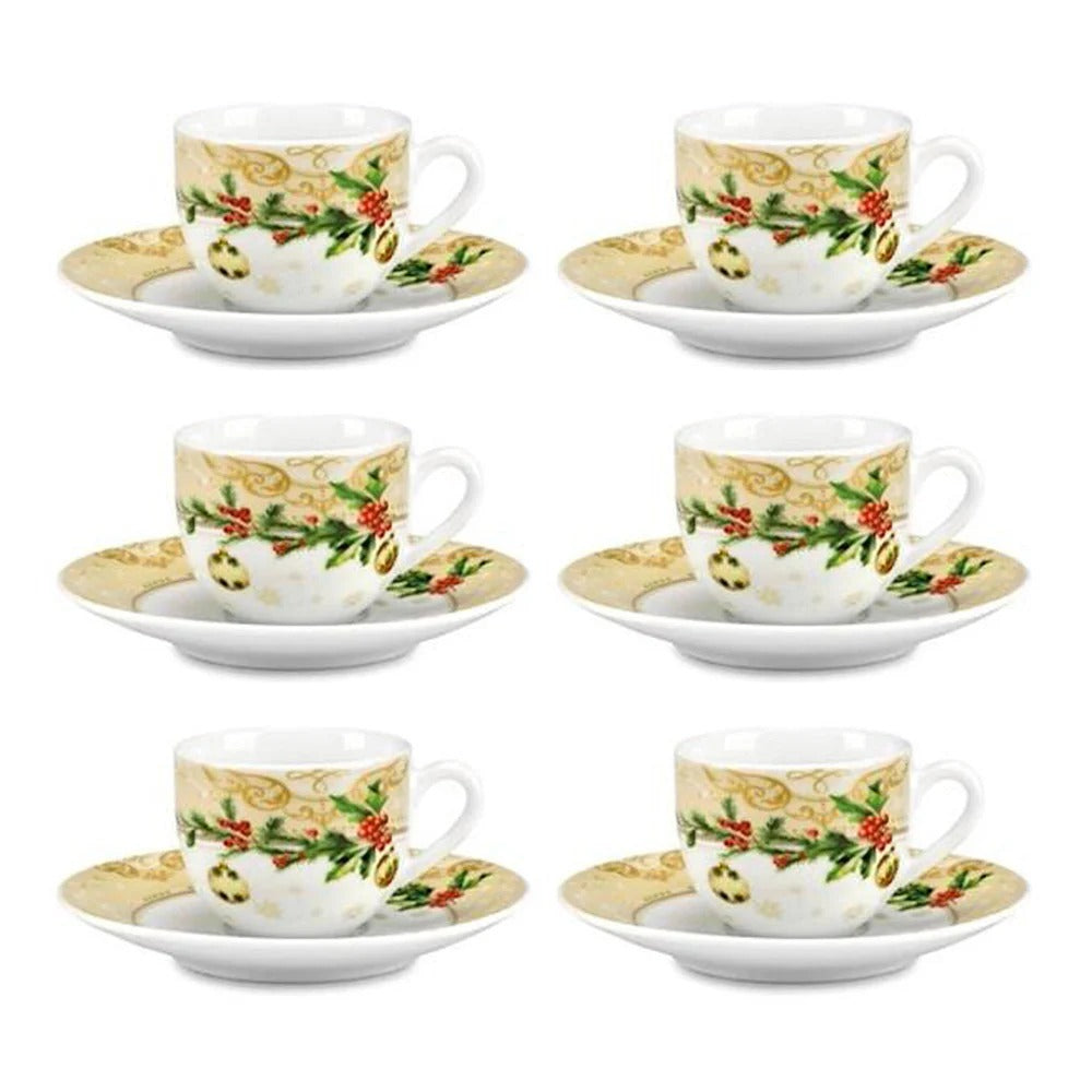 Fade Acebo Set 6 Tazas de Café Navideñas con Platillo 100 ml Multicolor