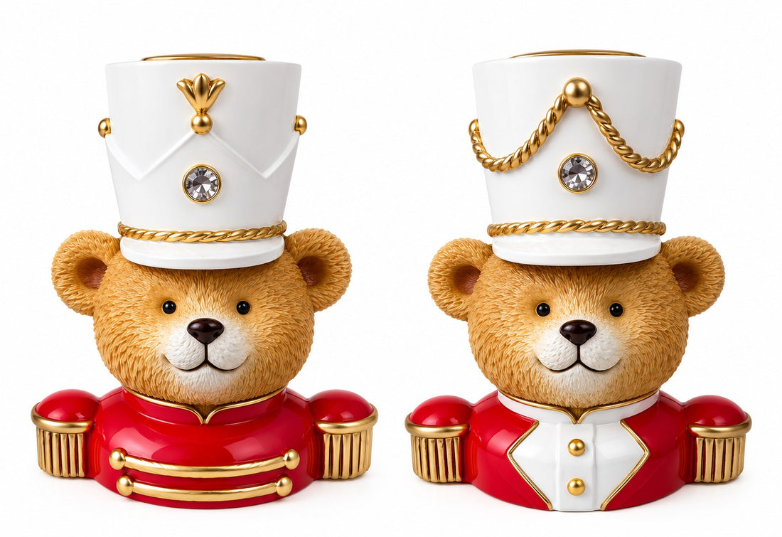 Precioso Set de 2 Portavelas Navideño en Forma de Oso 9 x 6 x 11 Cm Poliresina