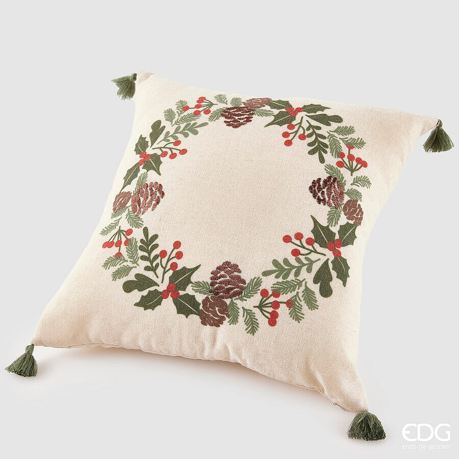EDG Enzo De Gasperi Cuscino Natalizio Corona Quadrato 45x45 cm Bianco – Cuscino Decorativo di Natale