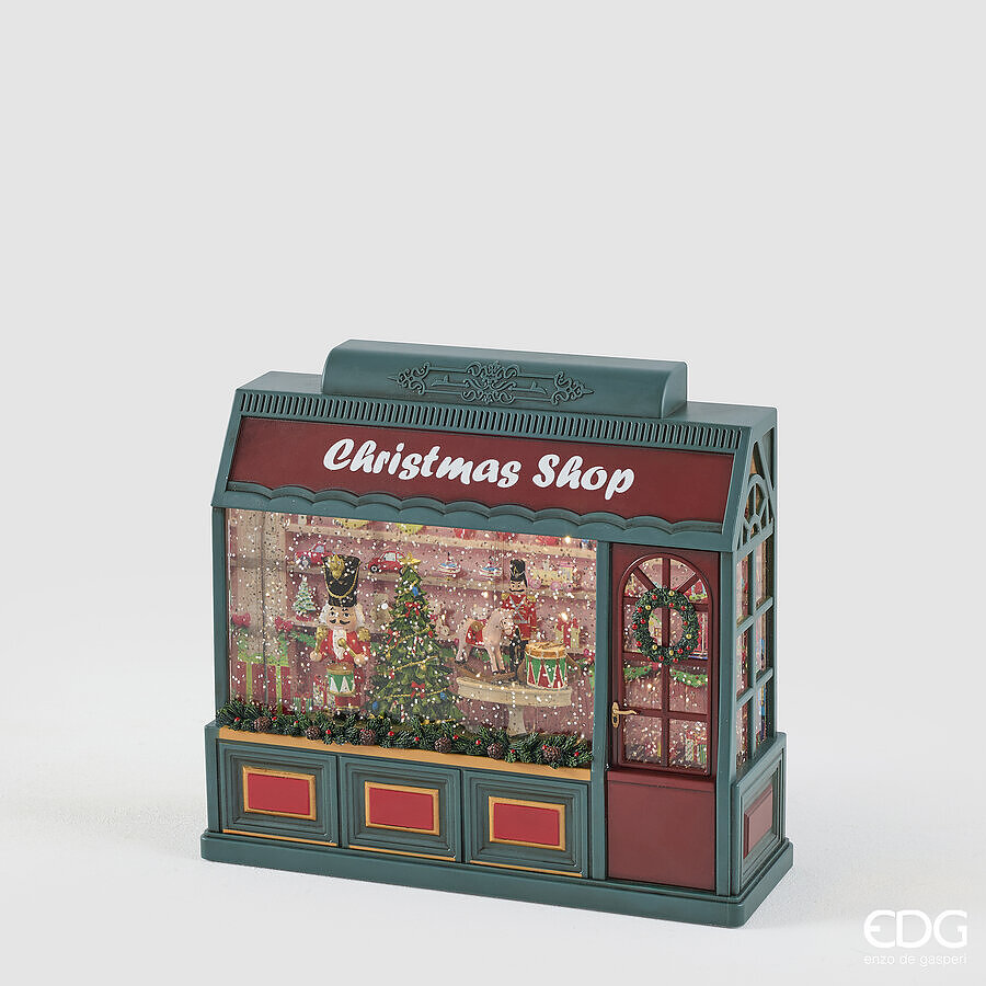 EDG Enzo De Gasperi Negozio Natalizio LED H22x22x8 cm Verde Rosso con Musica, Movimento e Luci – Decorazione di Natale