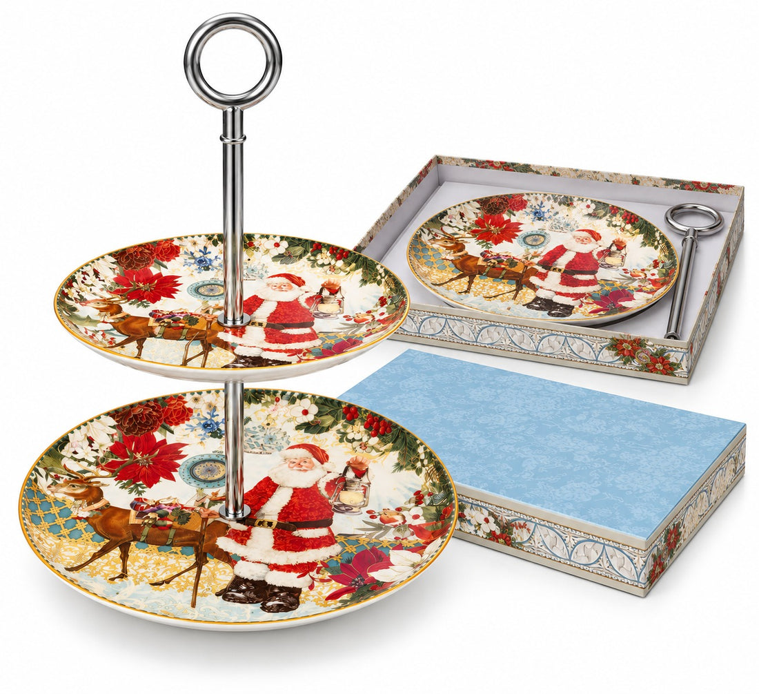 Bandeja con pie 2 Pisos Porcelana Papá Noel 27 cm