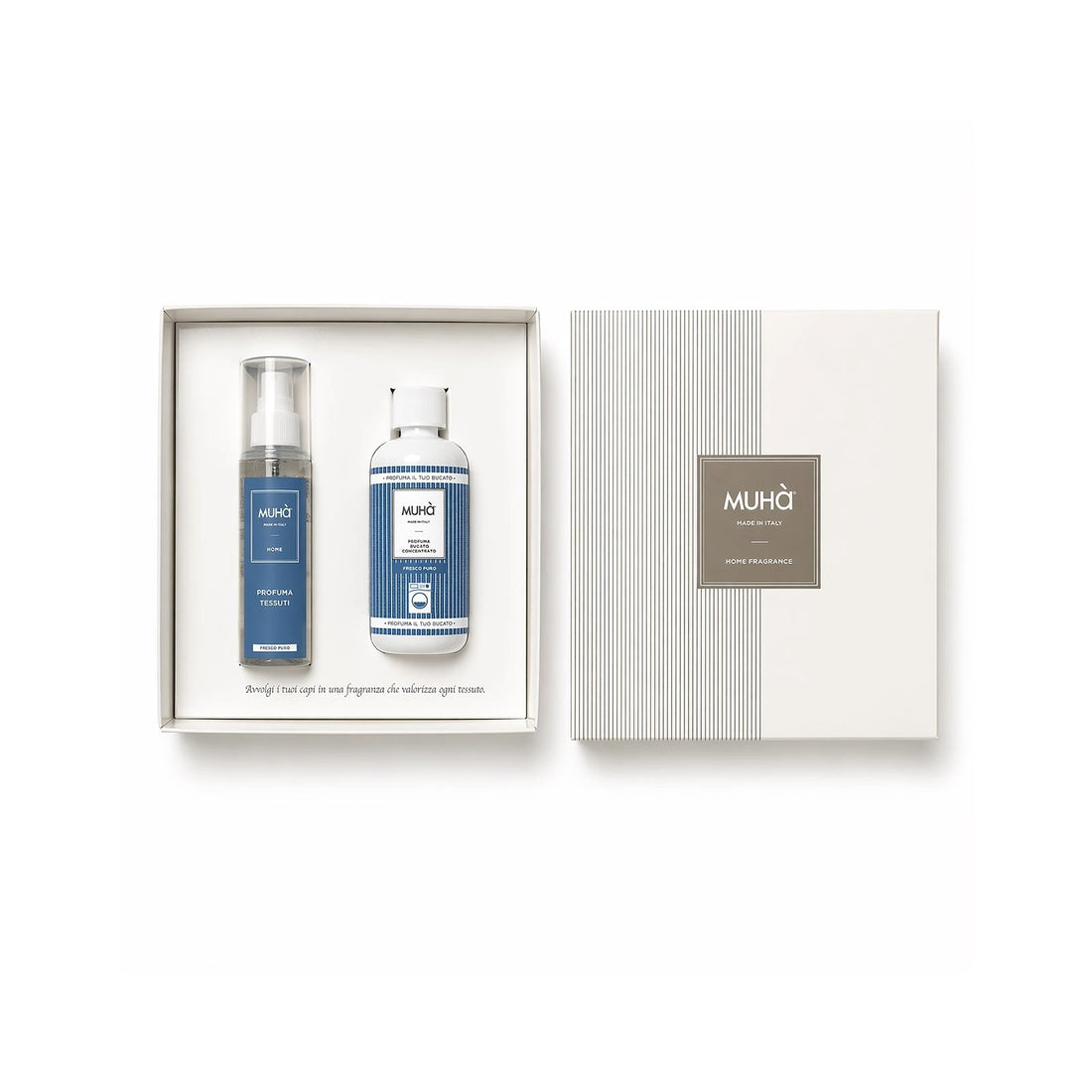 Muhà Set Regalo Ambientador Ropa Fresco Puro 200 ml + Spray 125 ml – Idea Regalo