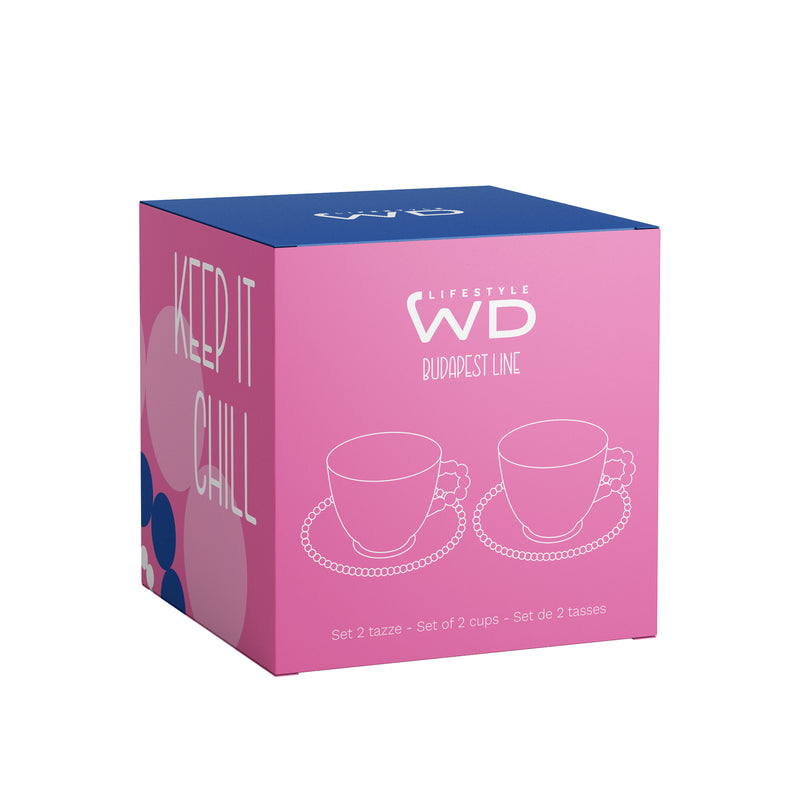 Juego WD LifeStyle 2 Tazas 230 ml en Vidrio con Platillo Decoración "Take it slow" y "Keep it chill" Rosa Azul