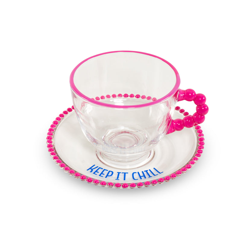 Juego WD LifeStyle 2 Tazas 230 ml en Vidrio con Platillo Decoración "Take it slow" y "Keep it chill" Rosa Azul
