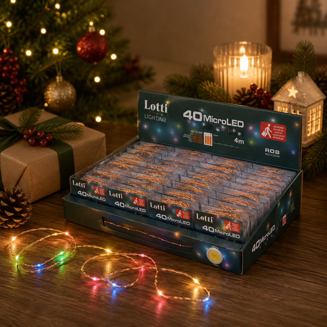 Lotes Cadena Navidad 40 Micro Led Rgb 4 Mt 3 x AA Caja Pvc