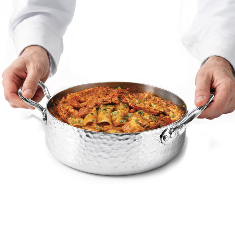 AGNELLI Cacerola Baja Martillada Aluinox 3 Ply 20x6 Cm con 2 Asas de Acero Inoxidable