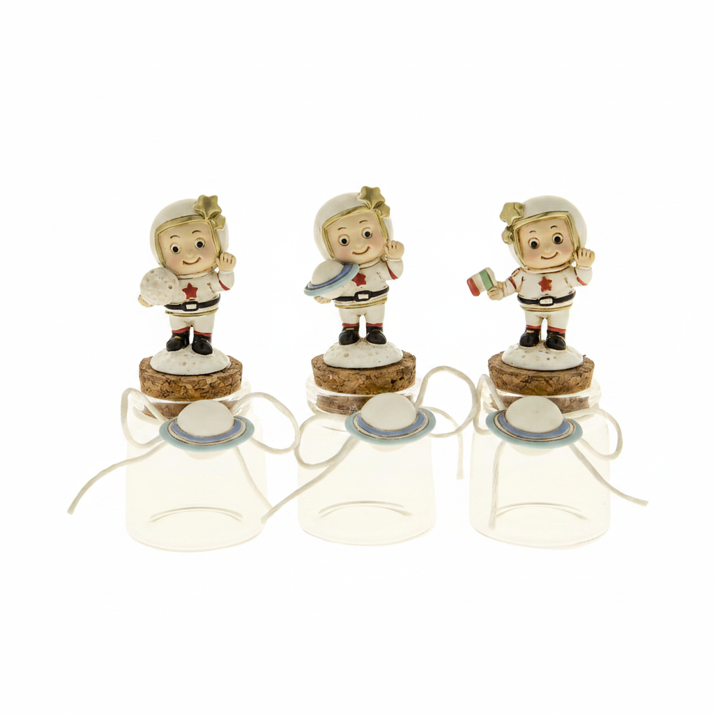 Barattolo vetro tappo sughero tema astronauta Etm H.11 cm: bomboniera originale bambini. Venduto singolarmente, 3 varianti.