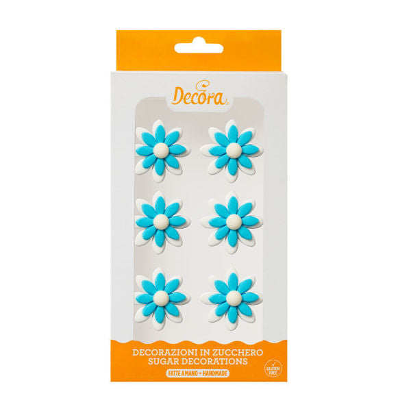 Decora torte e cupcake con Karma Margherite Bicolor Celeste in zucchero, conf. 6 pz. Edibili, pronte all'uso.