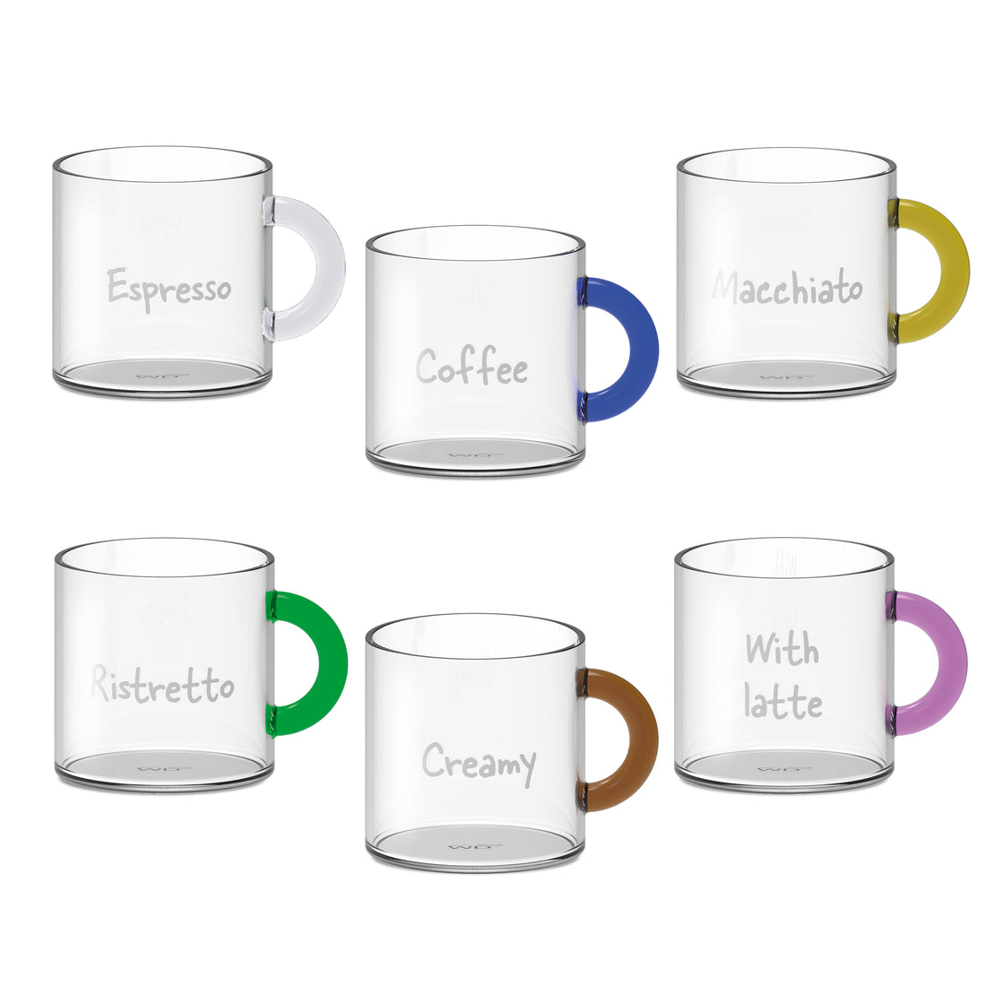 wd lifestyle wd lifestyle set 6 tazze da caffe vetro borosilicato cc 100 ml manico ad anello multicolor e scritta ean 8053300571499