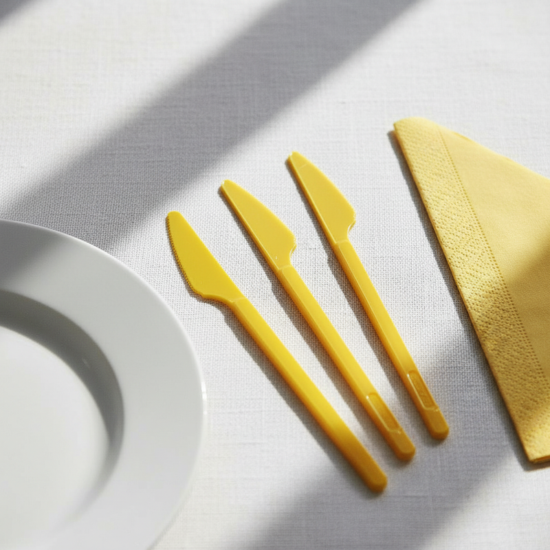 Coltelli monouso gialli Dopla in plastica alimentare resistente, conf. 20 pz: igienici, pronti all'uso. Ideali per feste, picnic e catering.