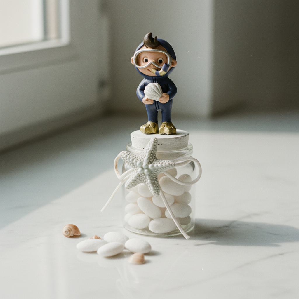Barattolo sub porta confetti Etm in resina H.11 cm: bomboniera originale battesimo e nascita tema mare. Venduto singolarmente, 2 varianti.