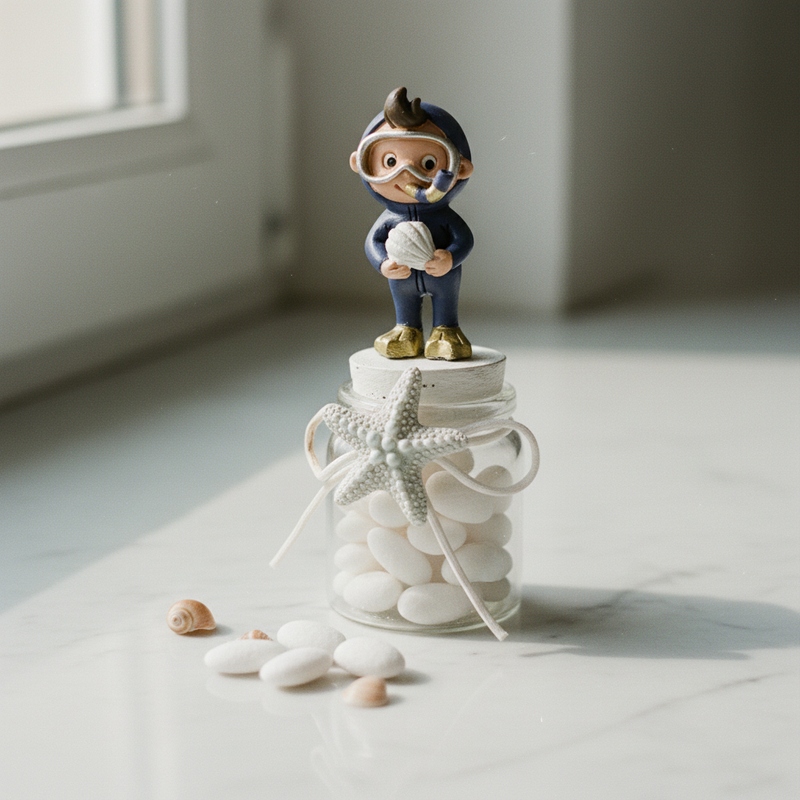 Barattolo sub porta confetti Etm in resina H.11 cm: bomboniera originale battesimo e nascita tema mare. Venduto singolarmente, 2 varianti.