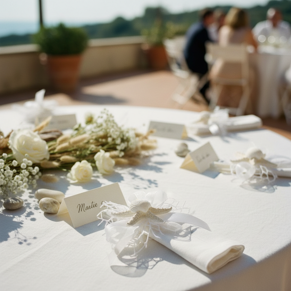 Stella marina in gesso bianco 11 cm con rete, nastro organza e raso: bomboniera mare e decorazione fai-da-te. CONF 12 PZ ean 8059973107188