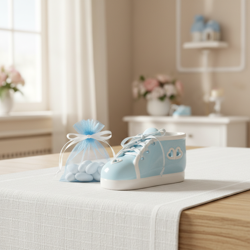 Bomboniera scarpina baby Etm colore cielo 10 cm per nascita e battesimo bimbo. Pezzo singolo, contattaci.