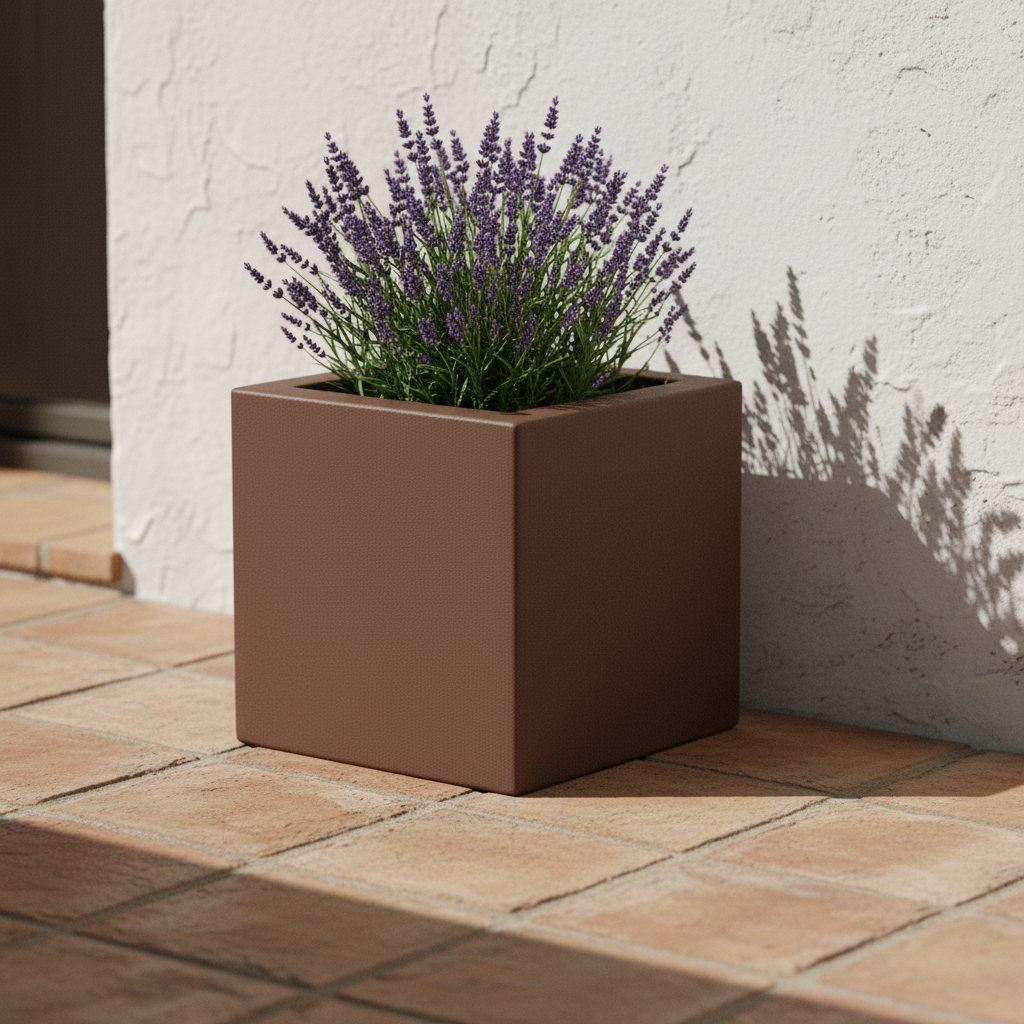 Arreda con il vaso cubo TeraPlast Schio Cubo 40 Bronzo, resina riciclabile 40×40×H40 cm, UV e gelo –30/+60 °C. Design geometrico.